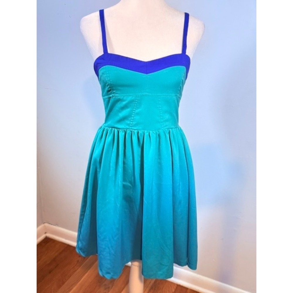 Vintage Havana Colorblock Fit Flare Dress Teal‎ Royal Blue Sweetheart Size L